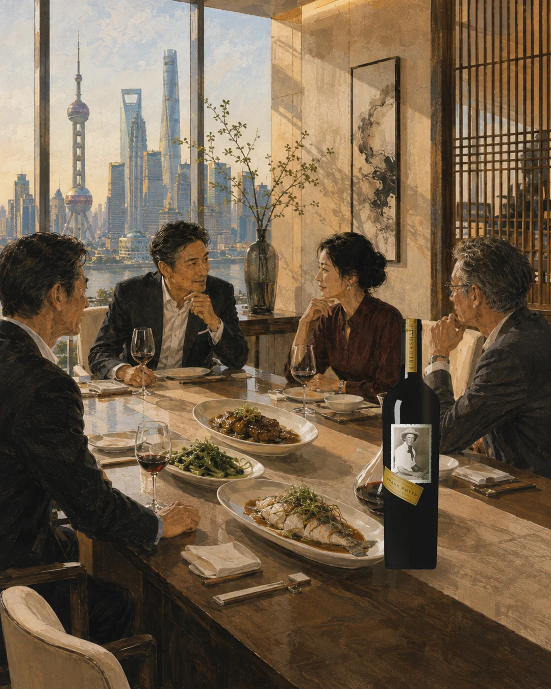 四位资深商务人士在明亮的上海当代中式私宴厅自然交谈，弗兰泊茨中国市场酒瓶与醒酒器置于桌侧