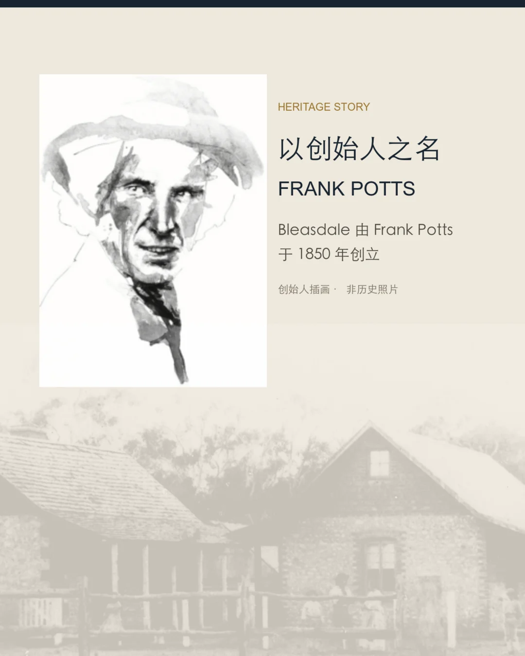 Frank Potts 创始人插画与宝仕德酒庄历史建筑背景，并非历史照片