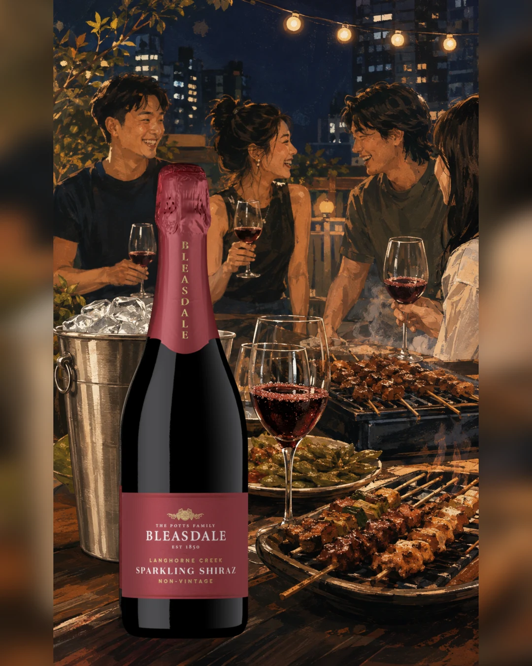 宝仕德乐西拉红起泡搭配中式烧烤朋友聚会的编辑插画场景